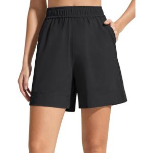imageG4Free Strowen Workout Shorts for Women 4 Elastic Waist Wide Leg A Line Shorts with Pockets Casual AthleticBlack