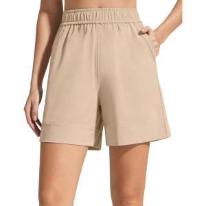 imageG4Free Strowen Workout Shorts for Women 4 Elastic Waist Wide Leg A Line Shorts with Pockets Casual AthleticLight Khaki