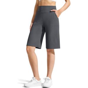 imageG4Free Ribbed Bermuda Shorts for Women 1011 High Waisted Crossover Shorts with Pockets for Workout Casual SummerDark Gray