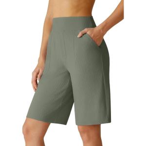 imageG4Free Ribbed Bermuda Shorts for Women 1011 High Waisted Crossover Shorts with Pockets for Workout Casual SummerGray Olive