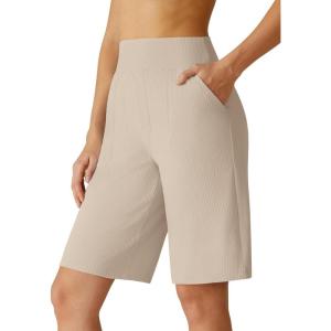 imageG4Free Ribbed Bermuda Shorts for Women 1011 High Waisted Crossover Shorts with Pockets for Workout Casual SummerLight Khaki