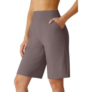 imageG4Free Ribbed Bermuda Shorts for Women 1011 High Waisted Crossover Shorts with Pockets for Workout Casual SummerTaupe