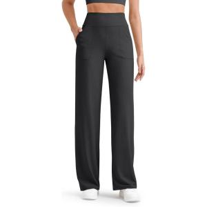 imageG4Free Womens Ribbed Knit Wide Leg Pants with Pockets Lightweight Stretchy Yoga Pants Casual LoungeBlack