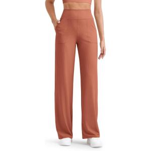 imageG4Free Womens Ribbed Knit Wide Leg Pants with Pockets Lightweight Stretchy Yoga Pants Casual LoungeBurnt Orange