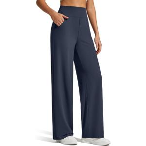 imageG4Free Womens Ribbed Knit Wide Leg Pants with Pockets Lightweight Stretchy Yoga Pants Casual LoungeDark Blue