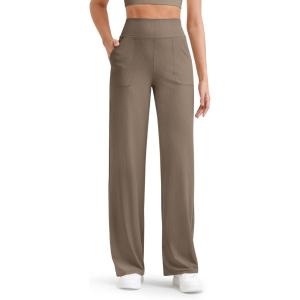 imageG4Free Womens Ribbed Knit Wide Leg Pants with Pockets Lightweight Stretchy Yoga Pants Casual LoungeDark Brown