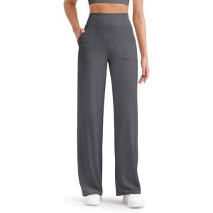 imageG4Free Womens Ribbed Knit Wide Leg Pants with Pockets Lightweight Stretchy Yoga Pants Casual LoungeDark Gray