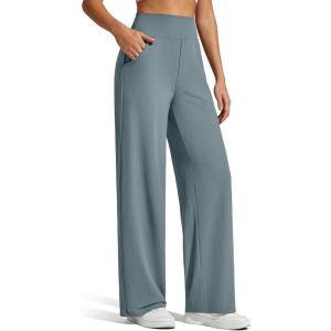 imageG4Free Womens Ribbed Knit Wide Leg Pants with Pockets Lightweight Stretchy Yoga Pants Casual LoungeGray Blue