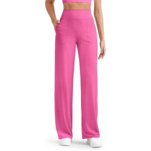 imageG4Free Womens Ribbed Knit Wide Leg Pants with Pockets Lightweight Stretchy Yoga Pants Casual LoungeHot Pink