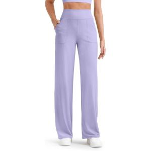 imageG4Free Womens Ribbed Knit Wide Leg Pants with Pockets Lightweight Stretchy Yoga Pants Casual LoungeLavender