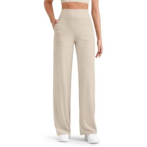 imageG4Free Womens Ribbed Knit Wide Leg Pants with Pockets Lightweight Stretchy Yoga Pants Casual LoungeLight Khaki