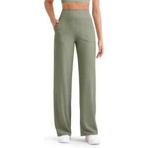 imageG4Free Womens Ribbed Knit Wide Leg Pants with Pockets Lightweight Stretchy Yoga Pants Casual LoungeMisty Green