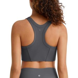 imageG4Free Ribbed Crewneck Sports Bras Padded for Women  Racerback Crop Tank Tops Workout Yoga Medium ImpactDark Gray
