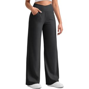 imageG4Free Ribbed Wide Leg Pants Women Breathable Stretchy Lightweight Cross Waist Yoga Pants with PocketsBlack