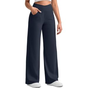 imageG4Free Ribbed Wide Leg Pants Women Breathable Stretchy Lightweight Cross Waist Yoga Pants with PocketsDark Navy