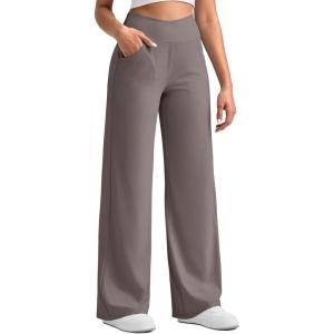 imageG4Free Ribbed Wide Leg Pants Women Breathable Stretchy Lightweight Cross Waist Yoga Pants with PocketsTaupe