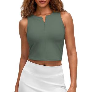 imageG4Free BareFeel Tennis Yoga Tank Tops Half Zip Workout Athletic Sleeveless Athleisure Tanks High Neck Gym Golf Slim FitGray Sage