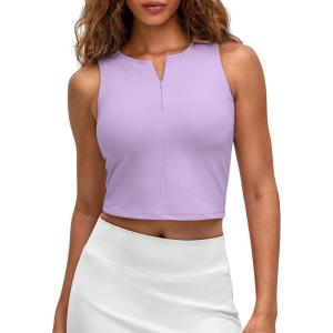 imageG4Free BareFeel Tennis Yoga Tank Tops Half Zip Workout Athletic Sleeveless Athleisure Tanks High Neck Gym Golf Slim FitLight Purple