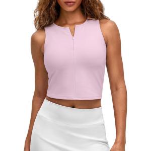 imageG4Free BareFeel Tennis Yoga Tank Tops Half Zip Workout Athletic Sleeveless Athleisure Tanks High Neck Gym Golf Slim FitPink