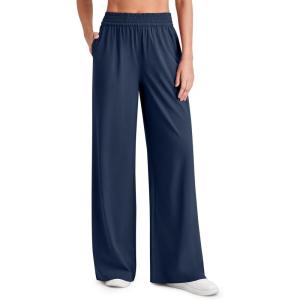imageG4Free Chillwhisp Lightweight Flowy Wide Leg Pants Women Elastic Waist Palazzo Pants Summer Beach VacationDark Blue