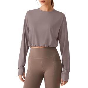 imageG4Free Lightbreeze Drawstring Hem Workout Tops Women  UPF 50 UV Shirts Long Sleeve Crop with Thumbholes Loose FitGray Lilac