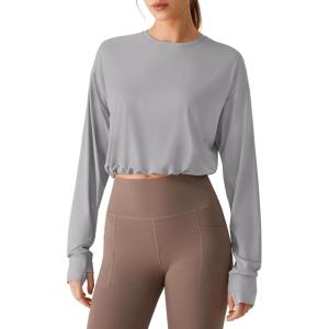 imageG4Free Lightbreeze Drawstring Hem Workout Tops Women  UPF 50 UV Shirts Long Sleeve Crop with Thumbholes Loose FitSilver Gray