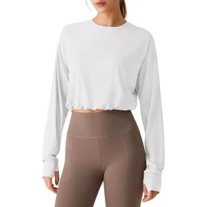 imageG4Free Lightbreeze Drawstring Hem Workout Tops Women  UPF 50 UV Shirts Long Sleeve Crop with Thumbholes Loose FitWhite