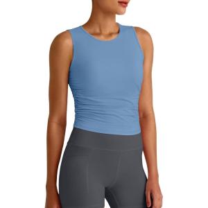 imageG4Free Lightbreeze Workout Tank Tops for Women Side Ruched Sleeveless High Neck Crop Top Summer Athletic Gym ShirtsDusty Blue