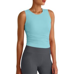 imageG4Free Lightbreeze Workout Tank Tops for Women Side Ruched Sleeveless High Neck Crop Top Summer Athletic Gym ShirtsLight Blue
