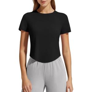 imageG4Free Soft Lyocell Workout Tops Quick Dry Womens Short Sleeve Crop TShirt Crewneck Casual Tees Athletic Running YogaBlack