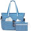imageG4Free Beach Bag Waterproof Sandproof Large Foldable Beach Tote with Zipper for Women Pool Travel Swim Grocery Tote BagsBlue Strip