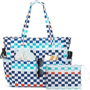 imageG4Free Beach Bag Waterproof Sandproof Large Foldable Beach Tote with Zipper for Women Pool Travel Swim Grocery Tote BagsBlue Red Checkered