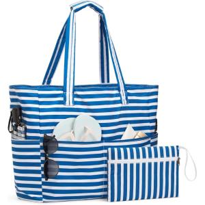 imageG4Free Beach Bag Waterproof Sandproof Large Foldable Beach Tote with Zipper for Women Pool Travel Swim Grocery Tote BagsBlue Strip