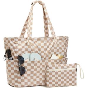 imageG4Free Beach Bag Waterproof Sandproof Large Foldable Beach Tote with Zipper for Women Pool Travel Swim Grocery Tote BagsBrown Checkered