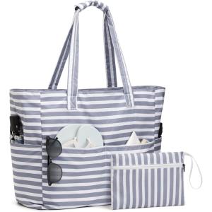 imageG4Free Beach Bag Waterproof Sandproof Large Foldable Beach Tote with Zipper for Women Pool Travel Swim Grocery Tote BagsGray Strip