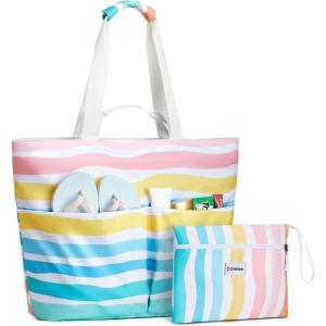 imageG4Free Beach Bags for Women Sandproof Foldable Beach Bag Tote with Waterproof Compartment Pool TravelRainbow Ripple