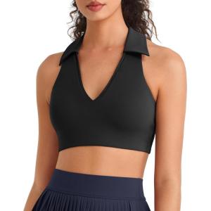 imageG4Free BareFeel V Neck Sports Bra for Women  Padded Collared Racerback Tennis Workout Tank TopsBlack
