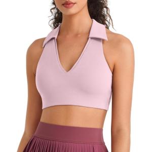 imageG4Free BareFeel V Neck Sports Bra for Women  Padded Collared Racerback Tennis Workout Tank TopsBlush