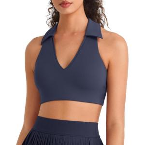 imageG4Free BareFeel V Neck Sports Bra for Women  Padded Collared Racerback Tennis Workout Tank TopsDark Navy