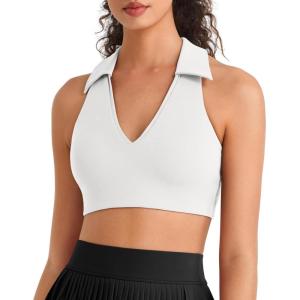 imageG4Free BareFeel V Neck Sports Bra for Women  Padded Collared Racerback Tennis Workout Tank TopsPure White