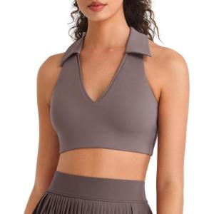 imageG4Free BareFeel V Neck Sports Bra for Women  Padded Collared Racerback Tennis Workout Tank TopsTaupe