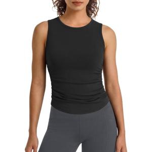 imageG4Free BareFeel Workout Yoga Tank Tops Ruched Sleeveless Athletic Tanks High Neck Pilates TopBlack