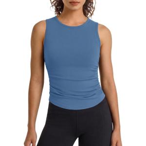 imageG4Free BareFeel Workout Yoga Tank Tops Ruched Sleeveless Athletic Tanks High Neck Pilates TopDusty Blue