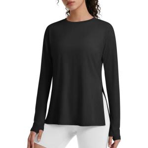 imageG4Free Lightbreeze Side Slits Workout Long Sleeve Shirts for Women  UPF 50 Crewneck Tops with Thumbholes Loose CasualBlack