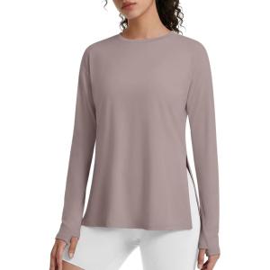 imageG4Free Lightbreeze Side Slits Workout Long Sleeve Shirts for Women  UPF 50 Crewneck Tops with Thumbholes Loose CasualGray Lilac