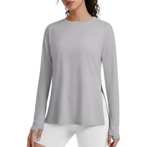 imageG4Free Lightbreeze Side Slits Workout Long Sleeve Shirts for Women  UPF 50 Crewneck Tops with Thumbholes Loose CasualSilver Gray