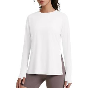 imageG4Free Lightbreeze Side Slits Workout Long Sleeve Shirts for Women  UPF 50 Crewneck Tops with Thumbholes Loose CasualWhite