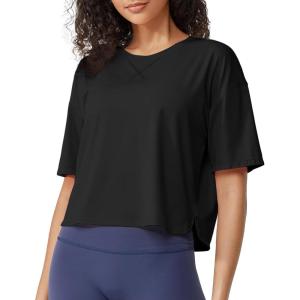 imageG4Free Lightbreeze UPF 50 Workout Tops for Women  Boxy Crop TShirts Short Sleeve Basic Tees Loose Quick Dry Running CasualBlack