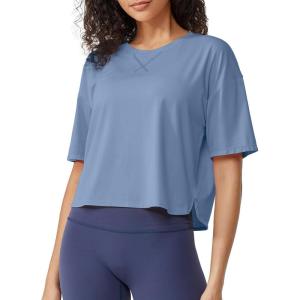 imageG4Free Lightbreeze UPF 50 Workout Tops for Women  Boxy Crop TShirts Short Sleeve Basic Tees Loose Quick Dry Running CasualDusty Blue