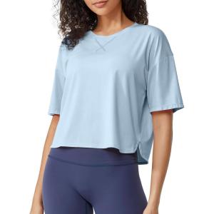 imageG4Free Lightbreeze UPF 50 Workout Tops for Women  Boxy Crop TShirts Short Sleeve Basic Tees Loose Quick Dry Running CasualLight Denim
